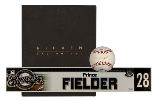 Baseball Grab Bat Lot of (3) Including Prince Fielder Locker Tag and Cal Ripken Signed Book